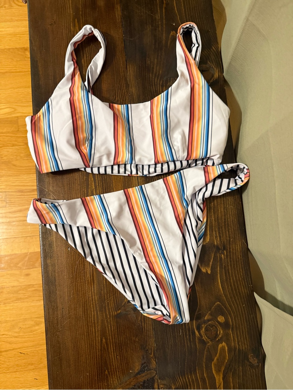 Women’sStriped Two-Piece Swim Set in White with Multicolor Stripes